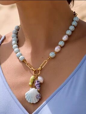 Seashell Blue Beads Gold Chain Beach Style Necklace